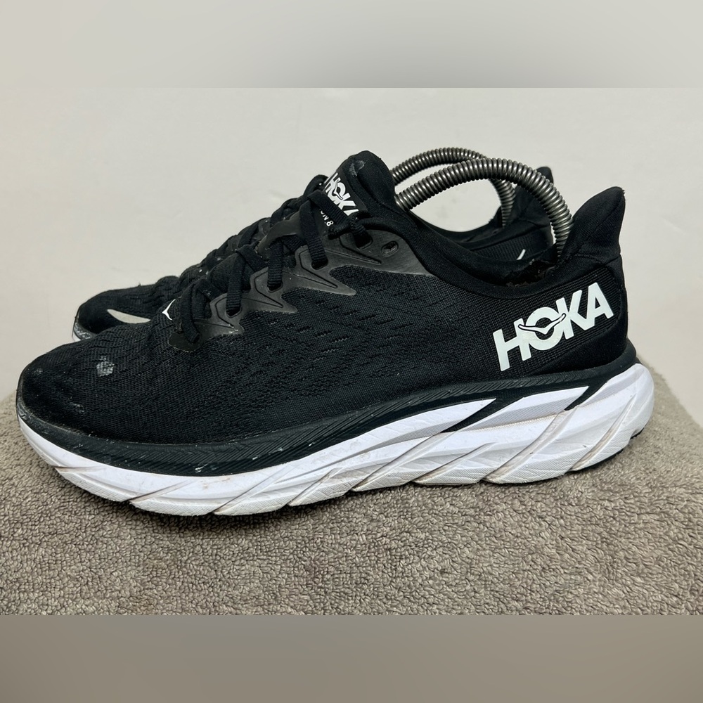 Hoka One One Clifton 8 Shoes Black White Running  Athletic Women’s size 9 B